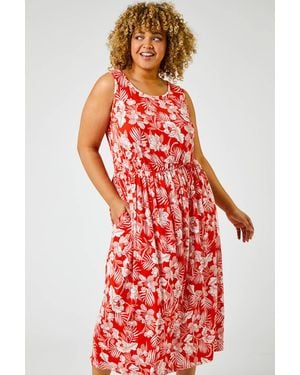 Roman Curve Tropical Floral Print Maxi Dress - Red