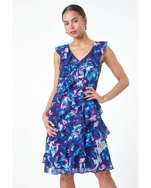 Roman Petite Abstract Print Ruffle Shift Dress - Blue