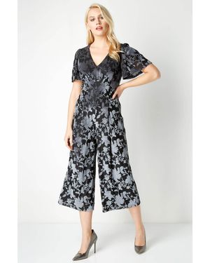 Roman Velvet Floral Burnout Jumpsuit - Grey