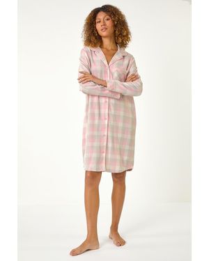 Roman Check Print Revere Collar Stretch Nightshirt - Pink