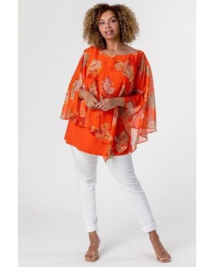 Roman Curve Paisley Print Chiffon Top - Orange