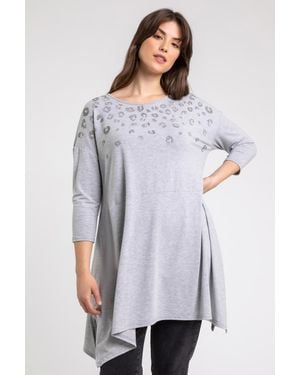 Roman Curve Animal Print Embellished Detail Top - Grey