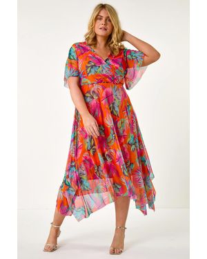 Roman Curve Tropical Stretch Mesh Wrap Dress - Red