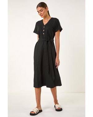 Roman Button Linen Mix Midi Dress - Black