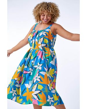 Roman Curve Leaf Print Belted Dress - Blue