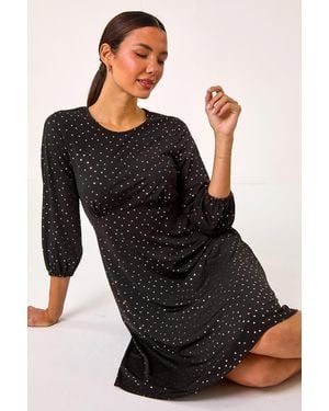 Roman Shimmer Foil Print Dress - Black