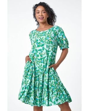 Roman Petite Floral Tiered Smock Dress - Green