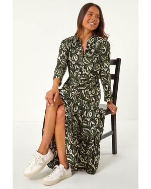 Roman Petite Floral Button Tiered Midi Dress - Green