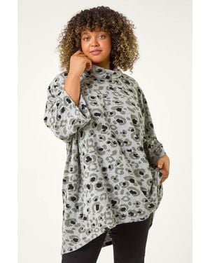 Roman Curve Animal Print Roll Neck Top - Grey
