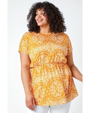 Roman Curve Aztec Print Stretch Top - Orange