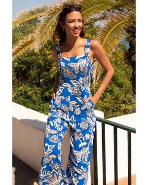 Roman Floral Print Stretch Shirred Jumpsuit - Blue