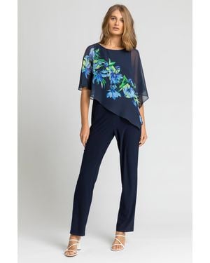 Roman Floral Print Chiffon Cape Jumpsuit - Blue