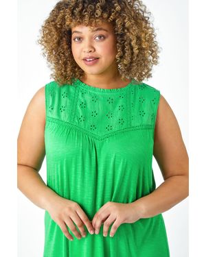 Roman Curve Sleeveless Longline Broderie Top - Green
