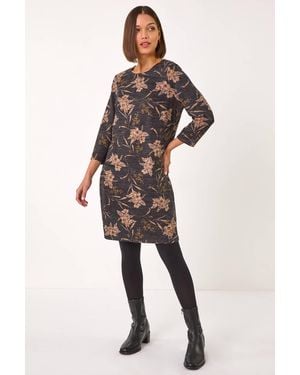 Roman Floral Print Pocket Shift Stretch Dress - Grey