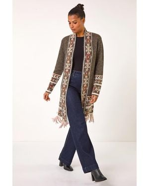 Roman Nordic Pattern Fringe Hem Cardigan - Blue