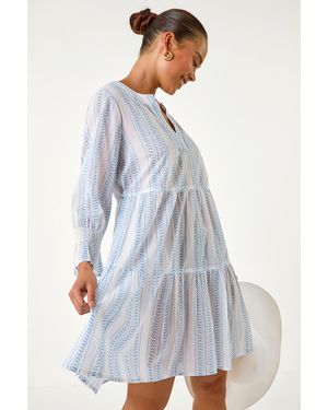 Roman Petite Cotton Stripe Tiered Smock Dress - Blue