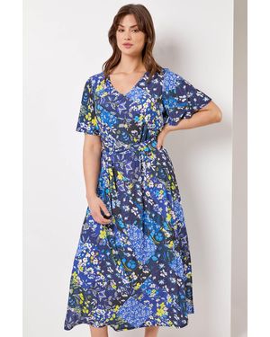 Roman Curve Patchwork Floral Maxi Dress - Blue
