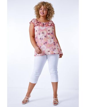 Roman Curve Floral Frill Chiffon Bardot Top - Pink