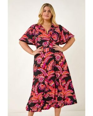 Roman Curve Leaf Print Wrap Midi Dress - Red