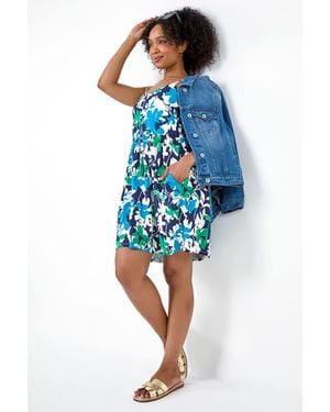 Roman Petite Leaf Print Stretch Pocket Dress - Blue