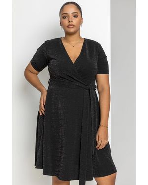 Roman Curve Shimmer Wrap Dress - Black
