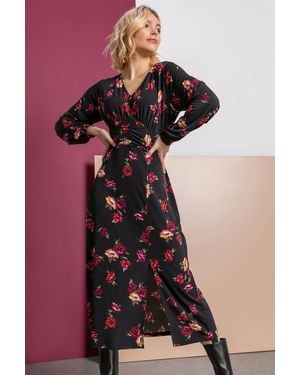 D.u.s.k Gathered Waist Floral Ruched Shift Midi Dress - Black