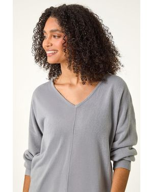 Roman Soft V-Neck Side Split Knit Jumper - Grey