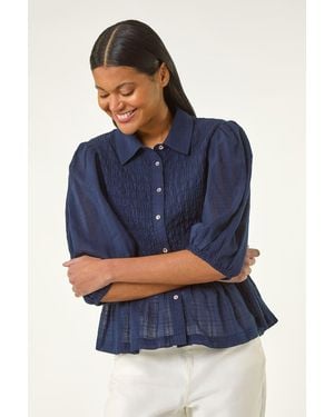 Roman Collar Shirred Button Blouse - Blue