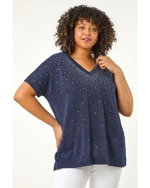 Roman Curve Shimmer Hotfix Knit Top - Blue