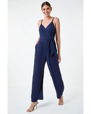 Roman Tie Waist Pocket Detail Wrap Jumpsuit - Blue