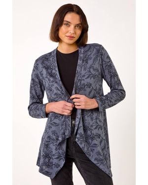 Roman Linear Floral Print Gathered Cardigan - Blue