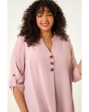 Roman Curve Textured Buttoned Tunic Top - Pink