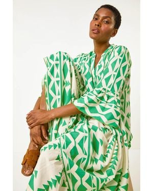 Roman Aztec Print Tiered Midi Smock Dress - Green