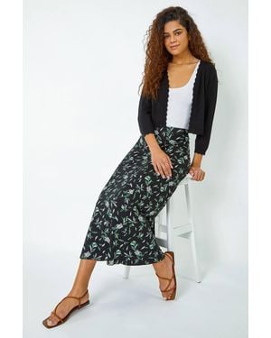 Roman Floral Leaf Jersey A Line Midi Skirt - Green