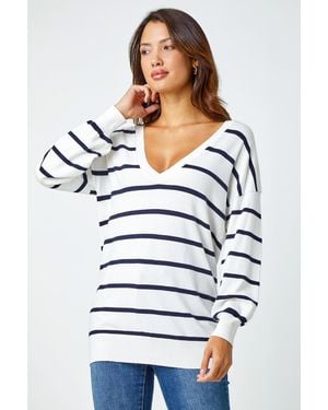 Roman Stripe Print Knitted V-Neck Longline Jumper - White