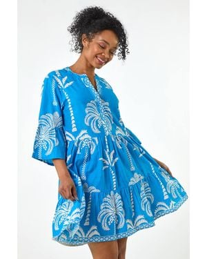Roman Petite Tropical Tiered Dress - Blue