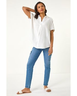 Roman Collared V-Neck Pleated Top - Blue