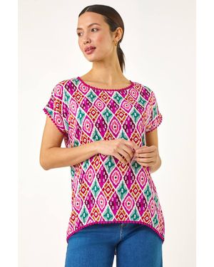 Roman Ikat Print Bobble Trim Tee - Red