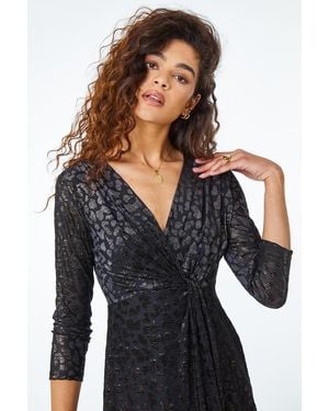 Roman Leopard Print Shimmer Twist Wrap Dress - Blue