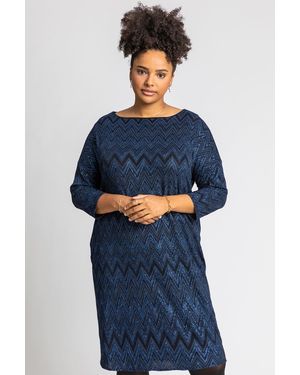 Roman Curve Zig Zag Print Shift Dress - Blue