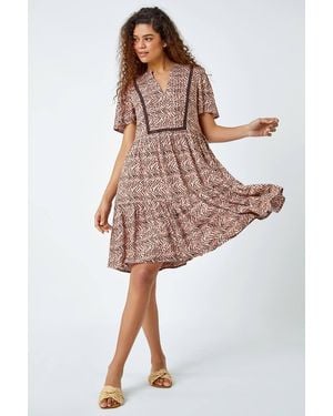 Roman Zig Zag Lace Trim Smock Dress - Pink