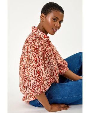 Roman Floral Paisley Balloon Sleeve Shirt - Orange