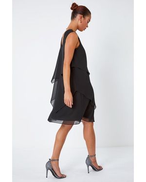 Roman Petite Embellished Chiffon Tiered Shift Dress - Black