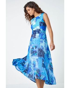 Roman Mixed Floral Print Pleated Midi Dress - Blue
