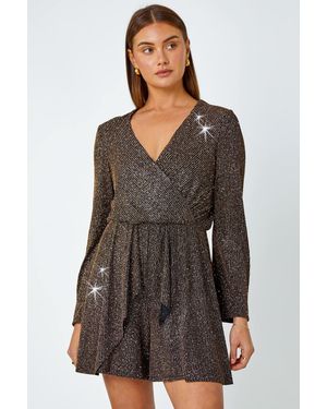 Roman Shimmer Stripe Wrap Stretch Playsuit - Brown