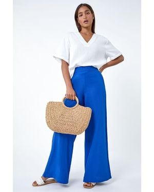 Roman Linen Blend Elastic Waist Wide Leg Trousers - Blue