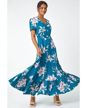 Roman Floral Print Shirred Waist Maxi Dress - Blue