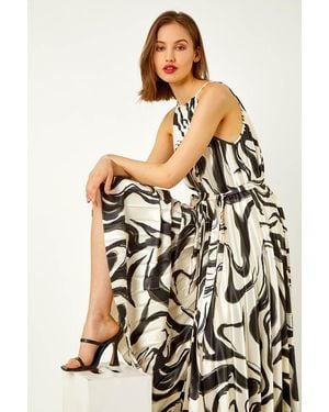 Roman Sleeveless Swirl Print Pleated Chiffon Dress - White