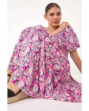Roman Ditsy Floral Shirred Bardot Tiered Dress - Pink