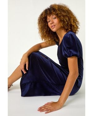 Roman Velvet Ruched Bodycon Midi Dress - Blue